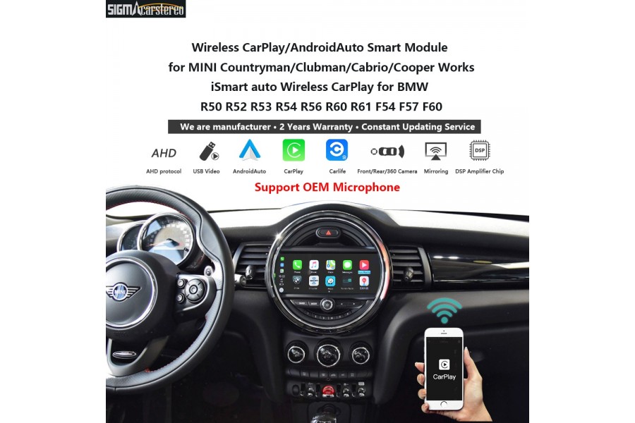 Mini Cooper R50 R52 R53 R54 R56 R59 R60 R61 F54 F57 F60 Wireless CarPlay AndroidAuto MINI Countryman Clubman Cabrio Cooper (free backup camera)
